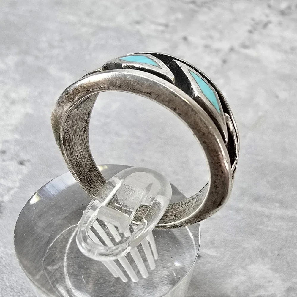 Vintage Southwestern Ring Turquoise Inlay Geometric Band Silver Tone Size 9